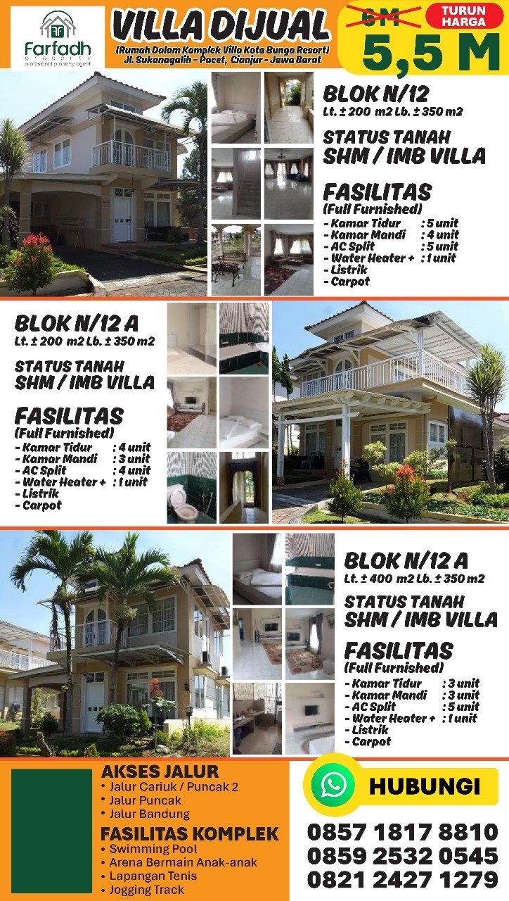 DIJUAL CEPAT 3 VILLA DALAM KOMPLEK VILLA KOTA BUNGA RESORT